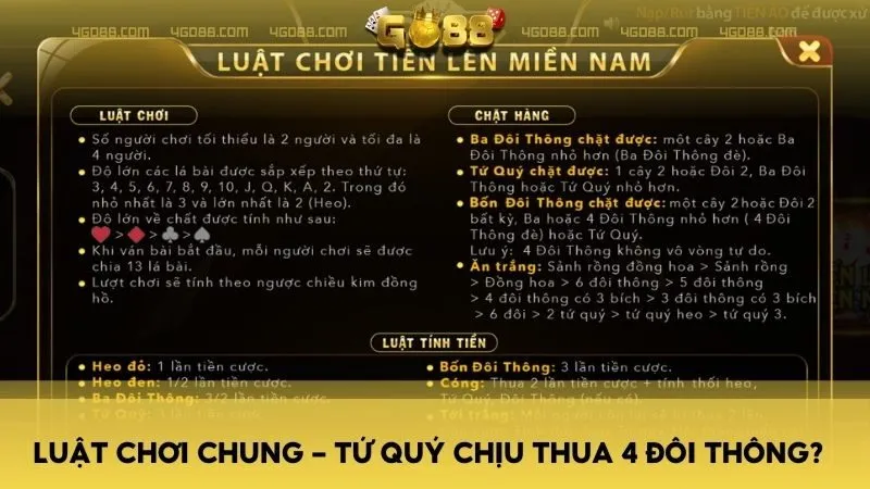 Mặc dù 4 đôi thông là một bộ bài lớn, nhưng nó không thể so sánh với sự mạnh mẽ tuyệt đối của tứ quý.